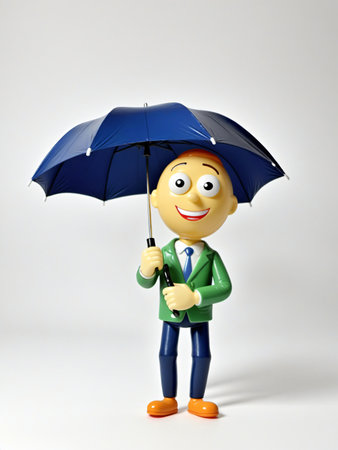 A 3D Toy Cartoon Man Trying To Keep An Umbrella On A White Background. Generative AIの素材