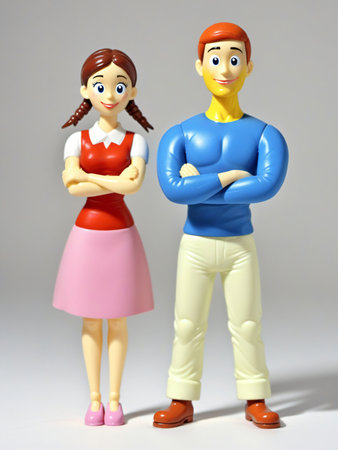 A 3D Toy Cartoon Man And Woman With Arms Crossed On A White Background. Generative AIの素材