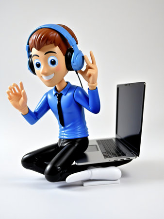 A 3D Toy Cartoon Man With Headset Working On Laptop On A White Background. Generative AIの素材