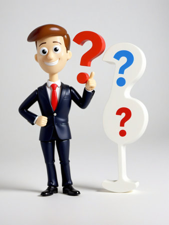 A 3D Toy Cartoon Businessman Leaning Under Question Mark On A White Background. Generative AIの素材