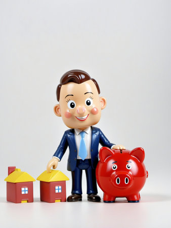 A 3D Toy Cartoon Businessman Standing With Piggy Bank On A White Background. Generative AIの素材