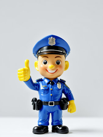 A 3D Toy Of A Policeman Standing With Thumb Up On A Bright White Background. Generative AIの素材