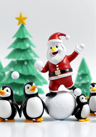 3D Toy Of Santa Claus Having A Friendly Snowball Fight With Penguins On A White Background. Generative AIの素材
