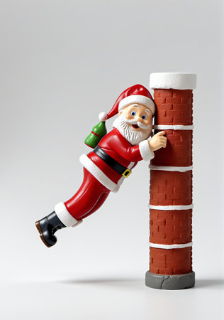 3D Toy Of Santa Claus Practicing His Chimney Climbing Skills On A White Background. Generative AIの素材