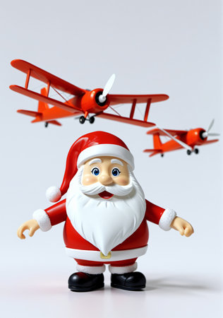 3D Toy Of Santa Claus Testing Toy Airplanes For Flight On A White Background. Generative AIの素材