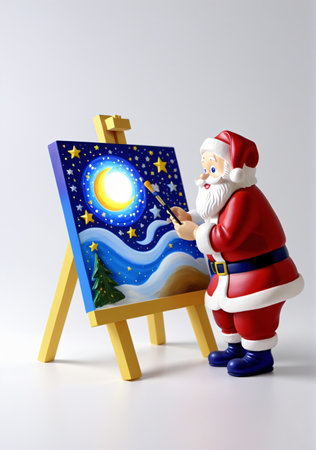 3D Toy Of Santa Claus Painting A Mural Of The Night Sky On A White Background. Generative AIの素材