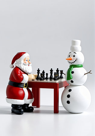 3D Toy Of Santa Claus Playing A Friendly Game Of Chess With A Snowman On A White Background. Generative AIの素材