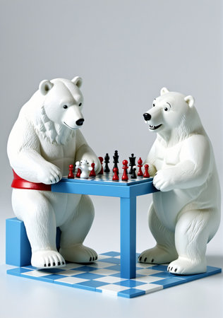 3D Toy Of Santa Claus Playing A Game Of Chess With A Friendly Polar Bear On A White Background. Generative AIの素材