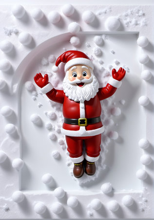 3D Toy Of Santa Claus Making Snow Angels On A White Background. Generative AIの素材
