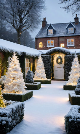 A Festive Garden With Snowy Topiaries And Twinkling Fairy Lights. Generative AIの素材