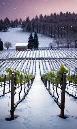 A Snowy Vineyard With Rows Of Grapevines Adorned With Lights. Generative AIの素材