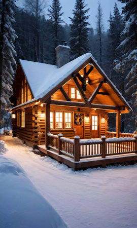 A Snowy Cabin With A Decorated Porch And Warm Interior Lighting. Generative AIの素材