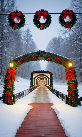 A Festive Bridge Over A Snowy River, Adorned With Wreaths And Lights. Generative AIの素材