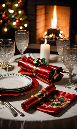 Christmas Crackers And A Festive Tablecloth On A Table In The Glow Of Fireligh. Generative AIの素材