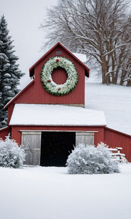 A Snowy Countryside With A Barn Adorned With A Giant Wreath. Generative AIの素材