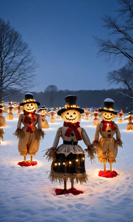 A Snowy Field With Decorated Scarecrows And Twinkling Lights. Generative AIの素材