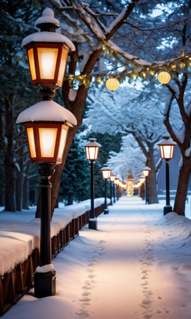 Glowing Lanterns Illuminating A Pathway Leading To A Snow-Covered Christmas Tre. Generative AIの素材