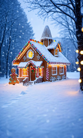 Gingerbread House And Christmas Lights In A Snowy Morning Settin. Generative AIの素材