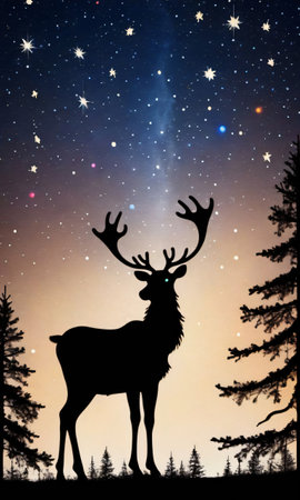 A Reindeer Silhouette With A Starry Backdrop And Glowing Christmas Light. Generative AIの素材