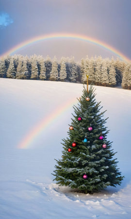 A Christmas Tree In A Snowy Field, Under A Rainbow. Generative AIの素材