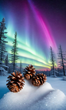 A Frosty Scene With Pine Cones And Berries Under The Shimmering Northern Light. Generative AIの素材