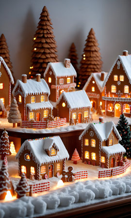 A Gingerbread Village And Train Set Under The Soft Glow Of Fireplace Ligh. Generative AIの素材