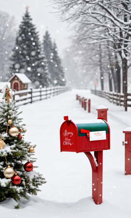 A Snowy Landscape With A Decorated Mailbox Filled With Christmas Card. Generative AIの素材