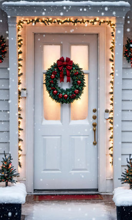 A Door With A Wreath And Christmas Lights In A Blizzar. Generative AIの素材