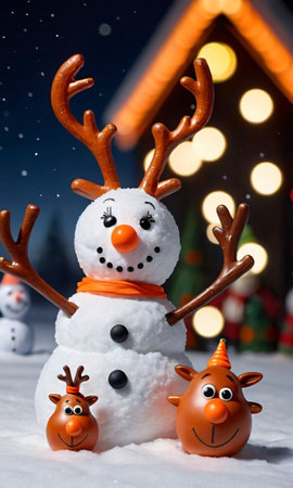 A Snowman With A Carrot Nose Beside Illuminated Reindeer Figure. Generative AIの素材