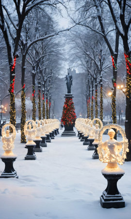 A Snowy City Park With Statues Adorned With Lights And Garlands. Generative AIの素材