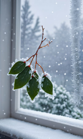 A Frosty Window With A View Of Mistletoe And Snowfal. Generative AIの素材