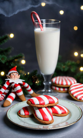 Elf Shoes Beside A Plate Of Cookies And Milk On A Foggy Nigh. Generative AIの素材