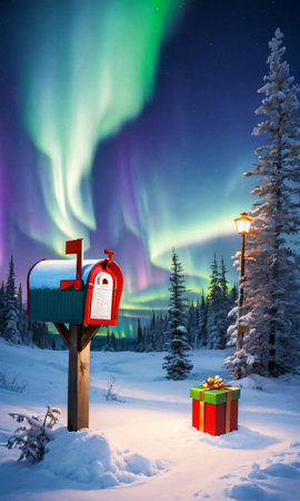 A Snowy Scene With A Mailbox And Gifts Under The Northern Light. Generative AIの素材