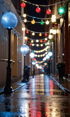 Ornaments And Tinsel In A Rain-Soaked Street, Illuminated By Street Light. Generative AIの素材