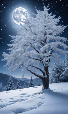A Moonlit Winter Landscape With A Snow-Covered Tree Adorned With Glistening Ornament. Generative AIの素材
