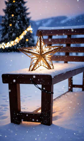 Christmas Star And Lights Wrapped Around A Snowy Bench. Night. Outdoor. Medium Sho. Generative AIの素材