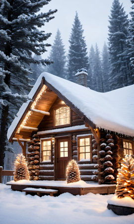 A Snowy Scene Featuring A Wooden Cabin Adorned With Twinkling Lights And Snowy Pine Cone. Generative AIの素材