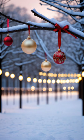 Baubles And Ribbons In A Snowy Park, Captured In The Soft Evening Ligh. Generative AIの素材