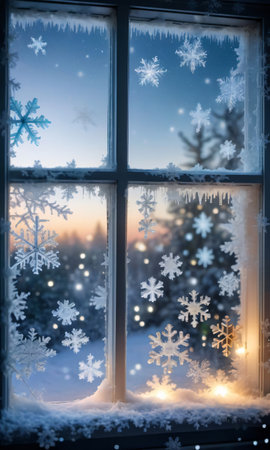 A Frosty Window Adorned With Twinkling Lights And Glistening Snowflakes, Captured At Daw. Generative AIの素材