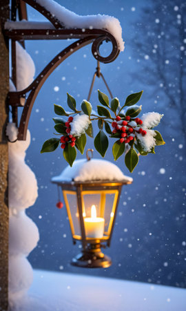 A Mistletoe And A Lantern Glowing Softly In The Snowy Twiligh. Generative AIの素材