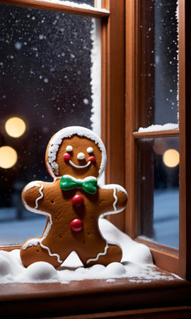 A Gingerbread Man And Snowy Window, Illuminated By Soft Street Light. Generative AIの素材