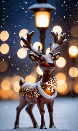 A Reindeer Figurine And Snowflakes, Under The Soft Glow Of Streetlight. Generative AIの素材