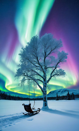 A Snowy Tree And Sled, Highlighted By The Ethereal Aurora Boreali. Generative AIの素材