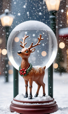 A Reindeer Figurine Beside A Snow Globe, In A Setting With Softly Falling Snow And Street Light. Generative AIの素材