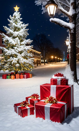 SantaÃ¢ÂÂS Hat And Gifts Under A Snowy Tree Lit By Streetlight. Generative AIの素材