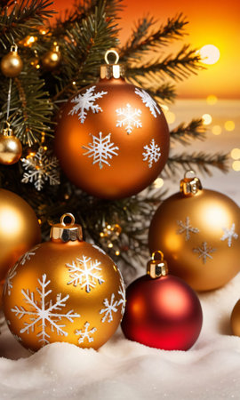 Christmas Baubles And Snowflakes Glistening Under The Warm Lighting Of A Golden Sunse. Generative AIの素材