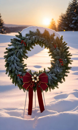A Wreath And Ribbons In The Snow, Backlit By The Setting Su. Generative AIの素材