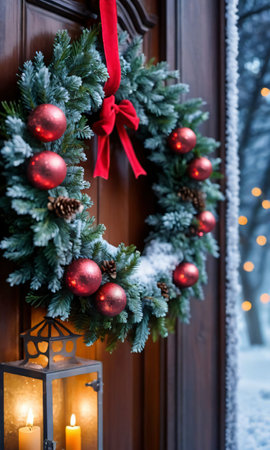Lanterns Illuminating A Christmas Wreath On A Frosty Door. Evening. Close-U. Generative AIの素材