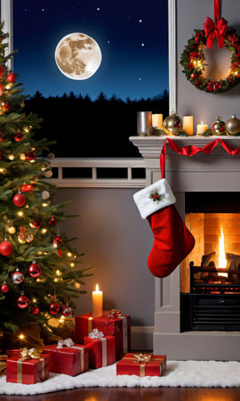 Christmas Stockings And The Glow Of A Fireplace, Under A Crescent Moo. Generative AIの素材