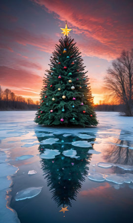 Christmas Tree And Garland Reflected In A Frozen Lake. Sunset. Outdoor. Wide-Angl. Generative AIの素材